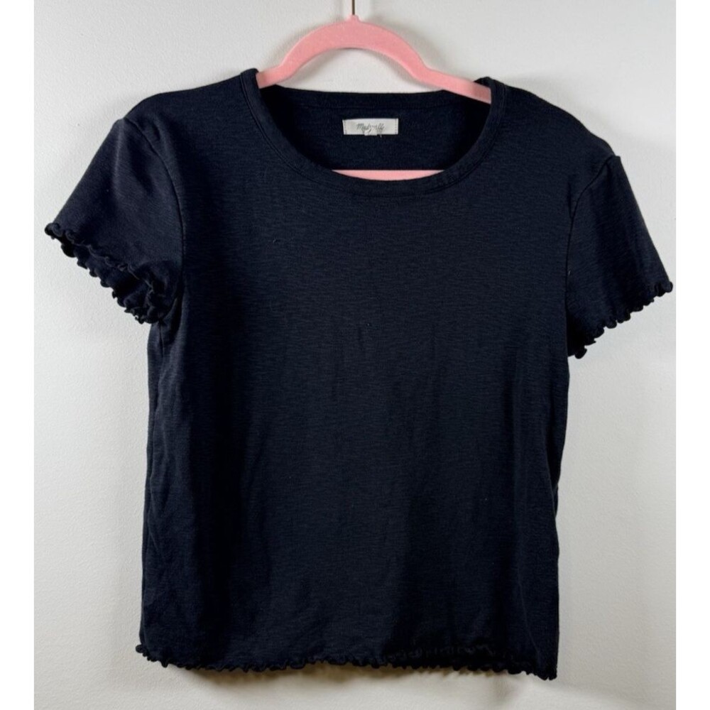 Madewell Womens Black Knit Jersey Crew Neck Ruffle Trim Cap Sleeve Tee XS